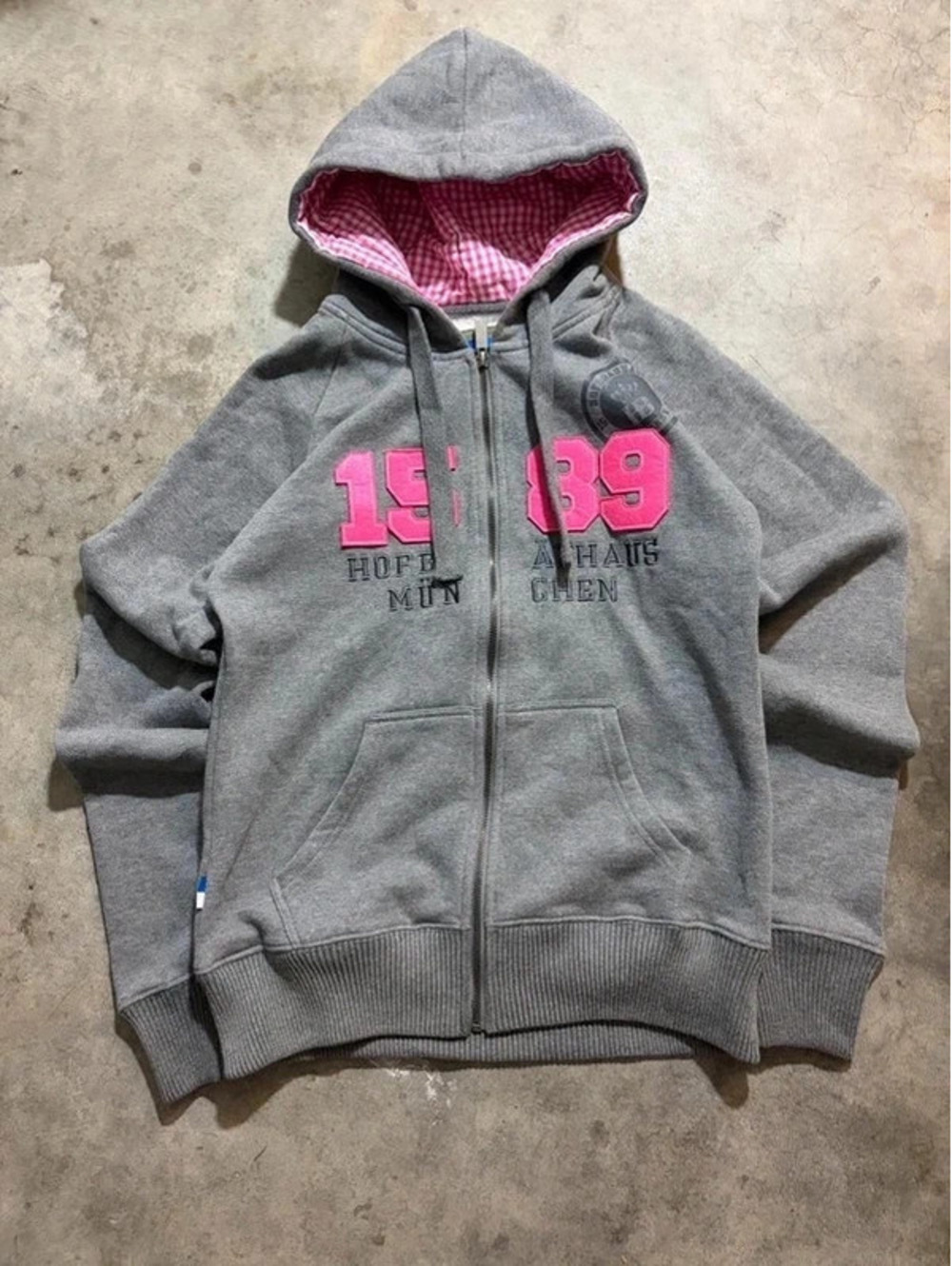 Kapuzenjacke Damen 1589 Grau Y2K preppy w embroidery zipup w pink checkered hood